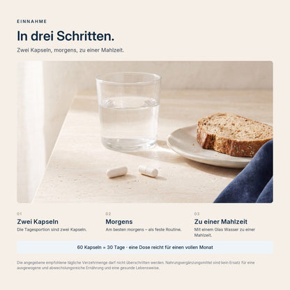 Einnahme von Man Power+ in drei Schritten: zwei Kapseln, morgens, zu einer Mahlzeit mit einem Glas Wasser