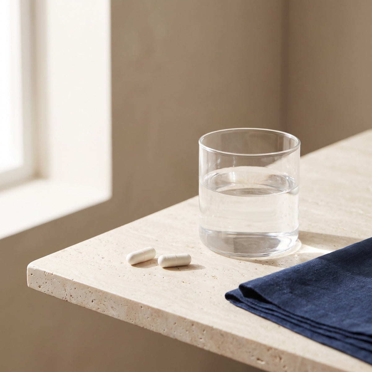 Zwei Kapseln neben einem Glas Wasser auf hellem Stein