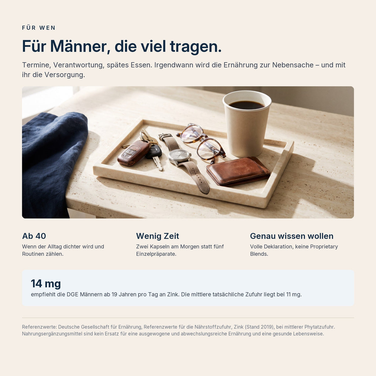 Fuer Maenner ab 40 mit vollem Alltag, mit DGE-Referenzwert fuer Zink
