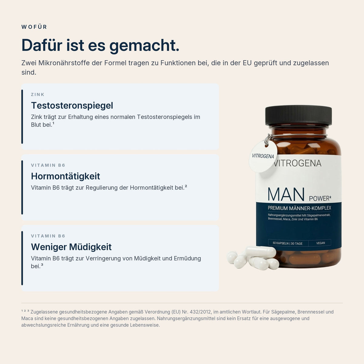 Wofuer Man Power+ gemacht ist: Zink fuer den Testosteronspiegel, Vitamin B6 fuer Hormontaetigkeit und weniger Muedigkeit