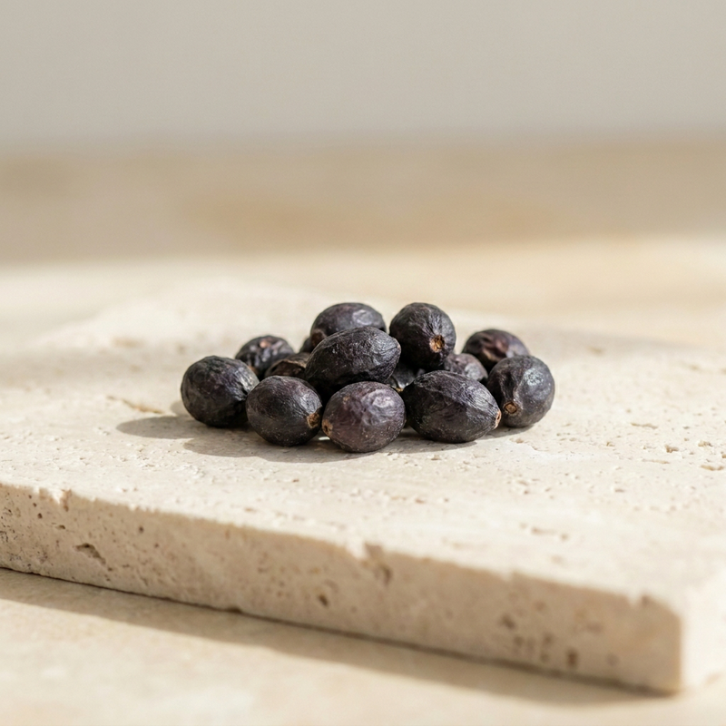 Getrocknete Sägepalmenbeeren auf einer Travertinplatte