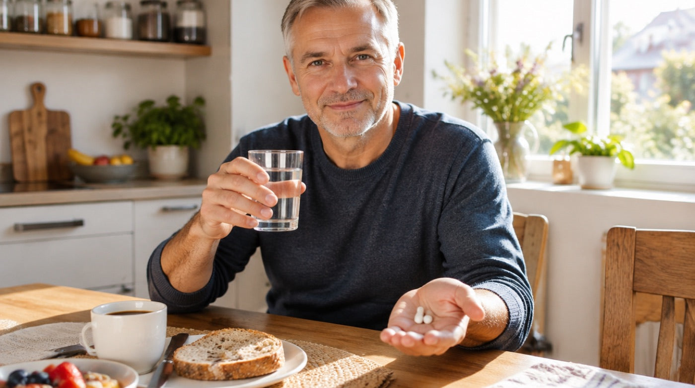 Mann nimmt am Frühstückstisch zwei Kapseln mit einem Glas Wasser