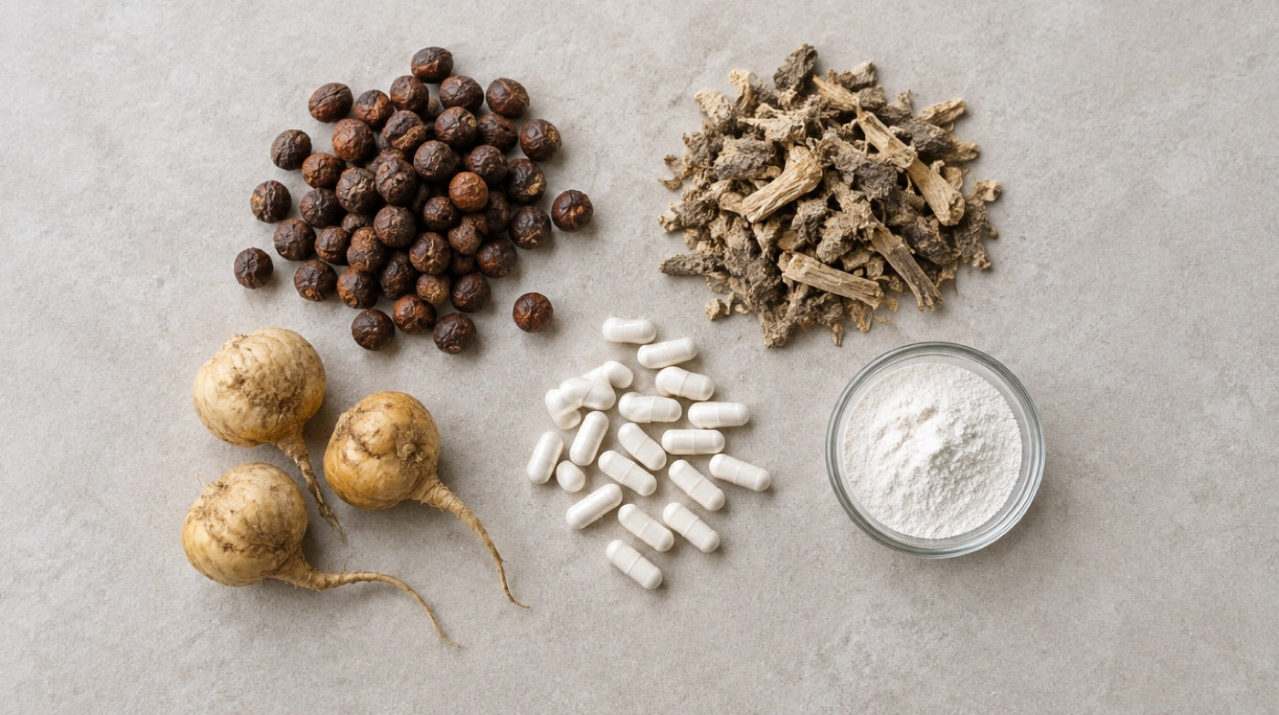 Sägepalmenbeeren, Brennnesselwurzel, Maca-Wurzeln, Zink und Kapseln